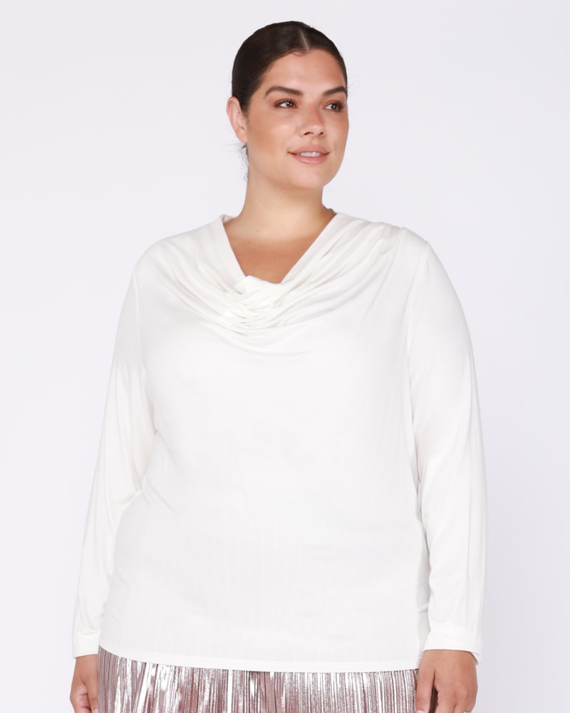 Front of a model wearing a size 0X Tessa LS Cowl Neck Top in White by DEX PLUS. | dia_product_style_image_id:237858